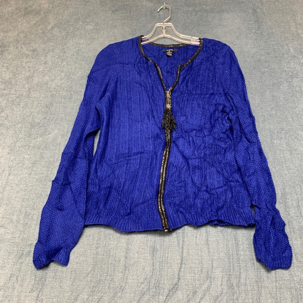 Alfani Sweater Jacket Women's Medium Blue Faux Leather Trim Knitted Full Zip